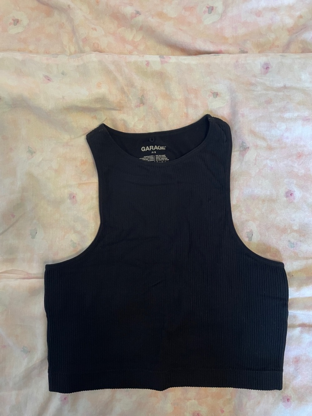 Garage Black Ribbed Highneck Cropped Tank